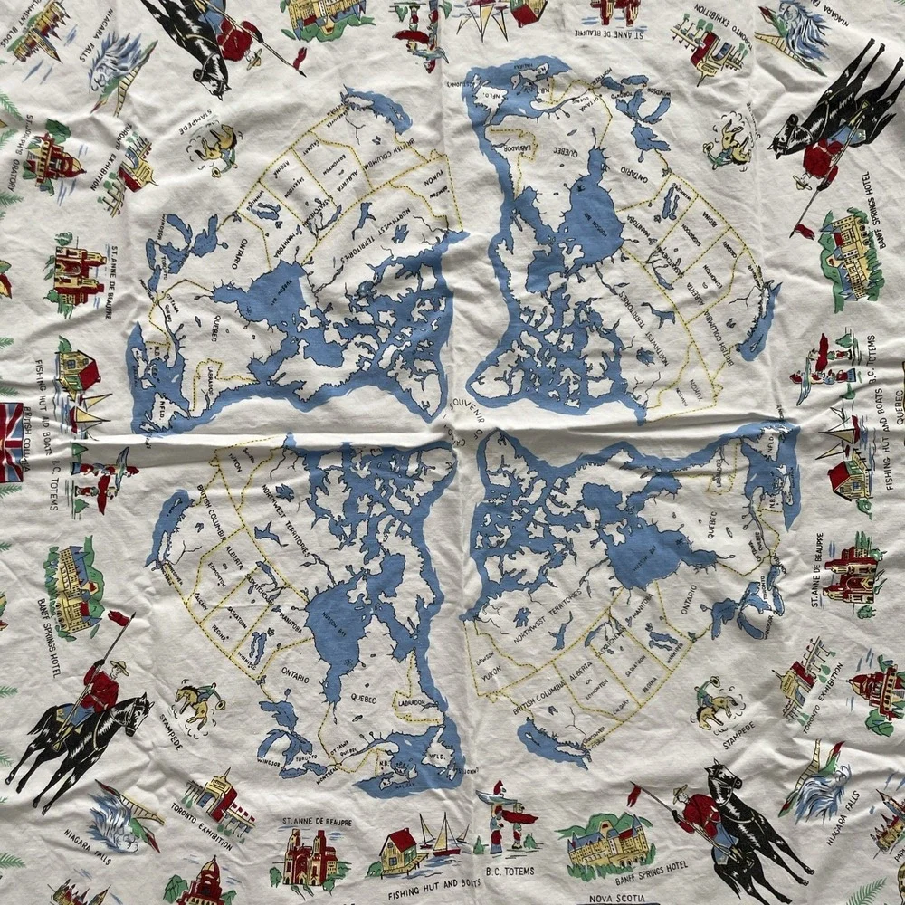 CANADA MAP With Major Landmarks Vintage Souvenir Tablecloth 3.5' Square White
